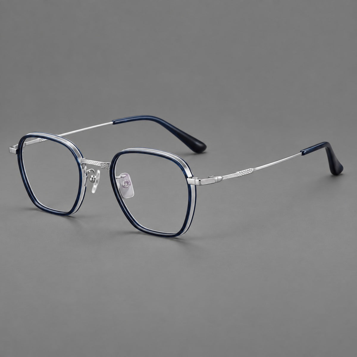 Soft square eyeglasses in acetate and titanium with slim rims and a finely engraved metal bridge — Blue / Silver — Main view [CINILY-JD2026-61026-C2]