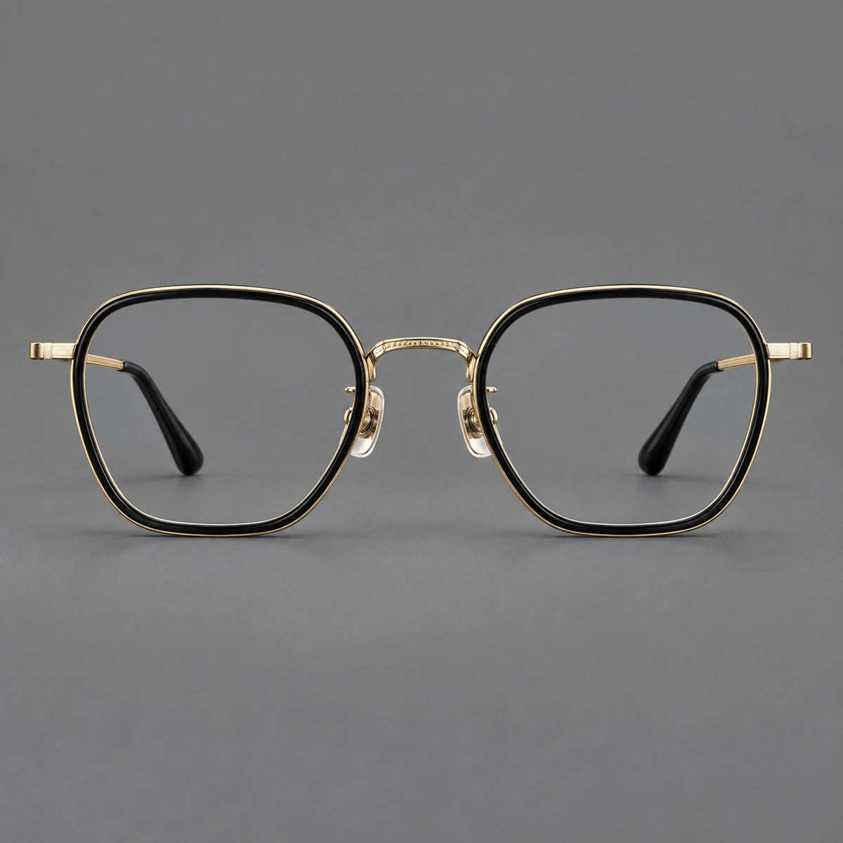 Soft square eyeglasses in acetate and titanium with slim rims and a finely engraved metal bridge — Glossy Black / Gold — Front view [CINILY-JD2026-61026-C3]