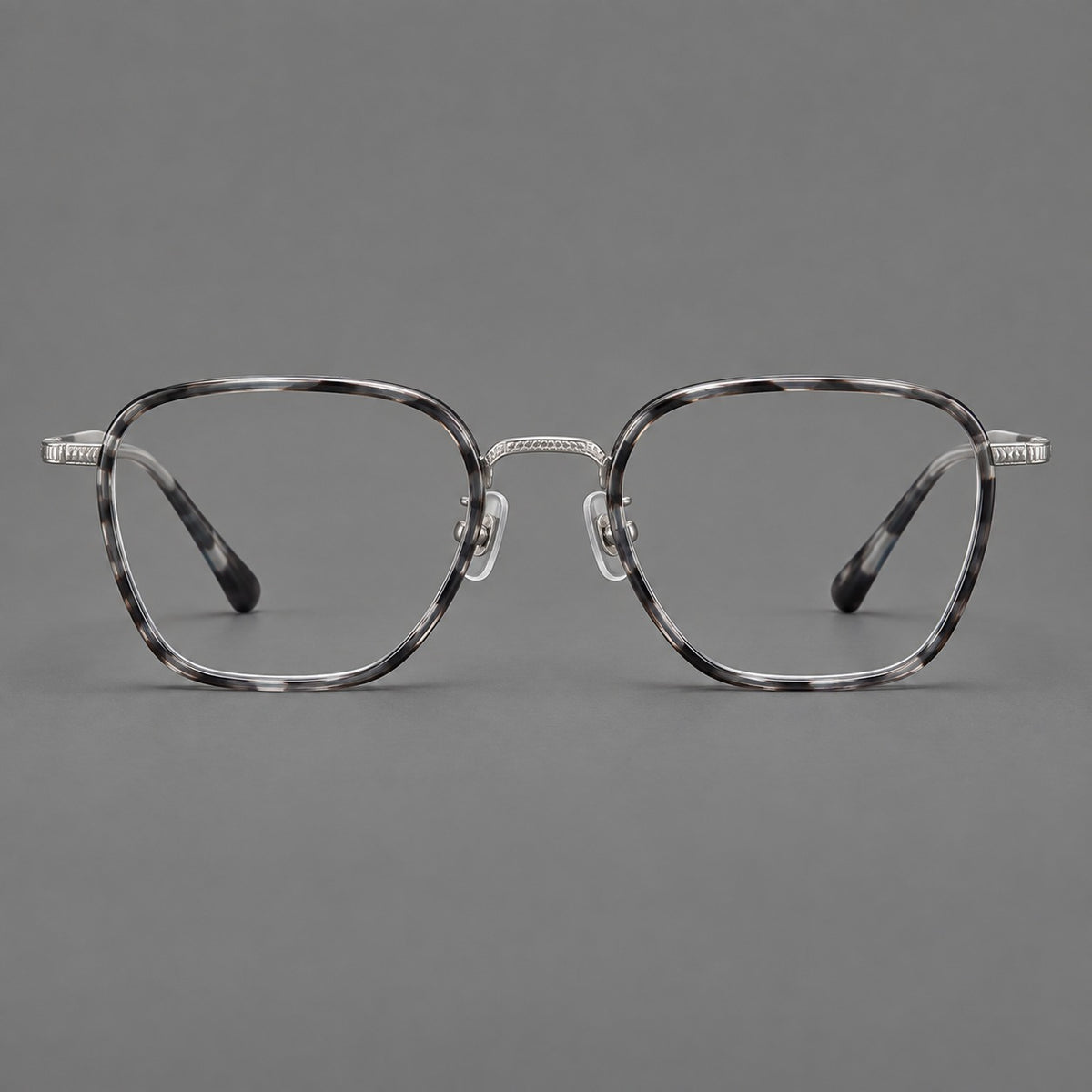 Soft square eyeglasses in acetate and titanium with slim rims and a finely engraved metal bridge — Grey Tortoiseshell / Silver — Front view [CINILY-JD2026-61026-C5]