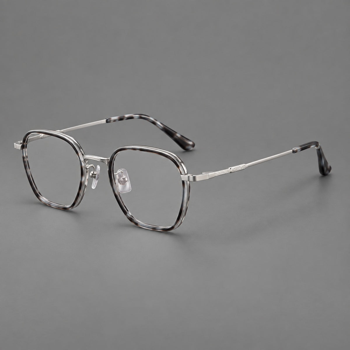 Soft square eyeglasses in acetate and titanium with slim rims and a finely engraved metal bridge — Grey Tortoiseshell / Silver — Main view [CINILY-JD2026-61026-C5]