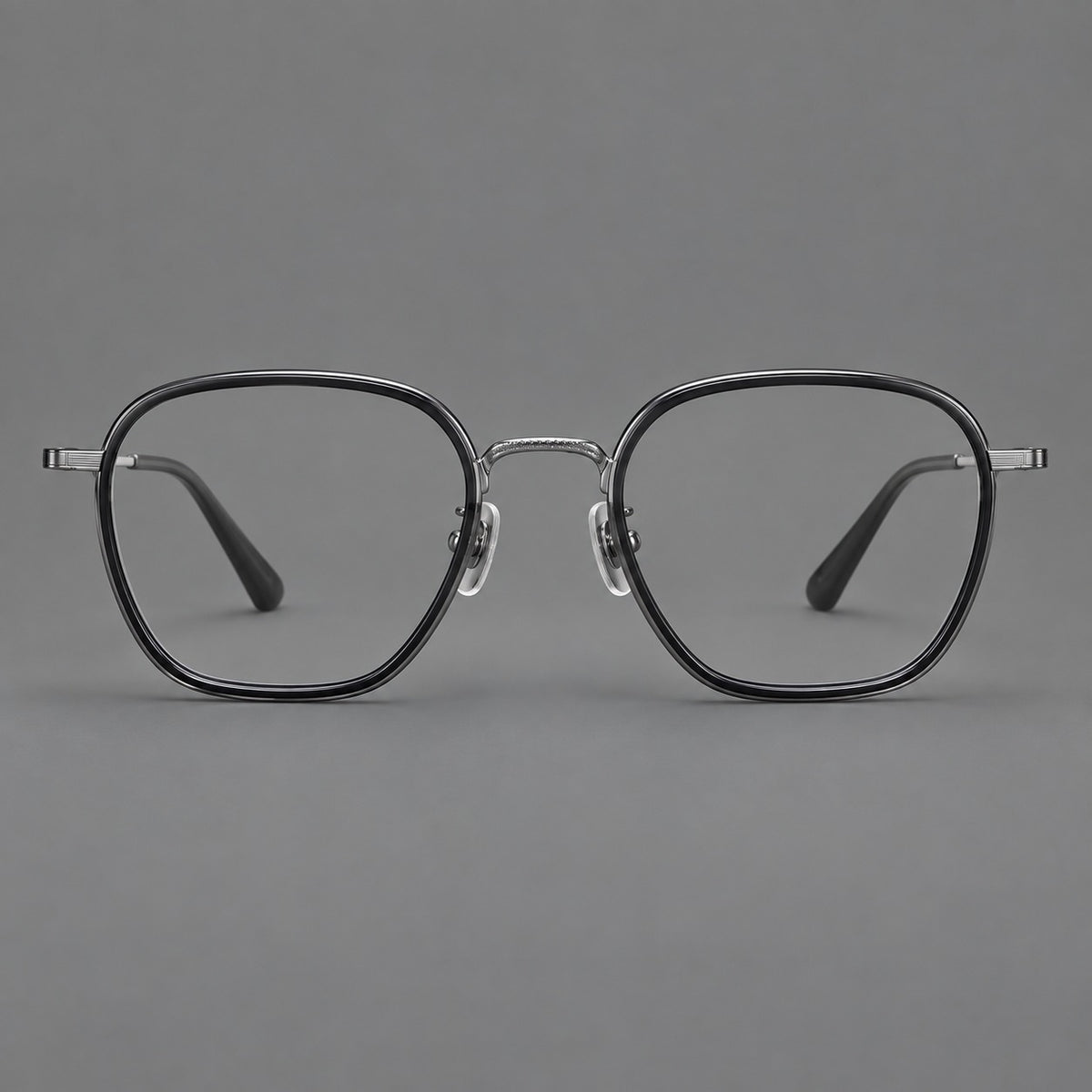 Soft square eyeglasses in acetate and titanium with slim rims and a finely engraved metal bridge — Glossy Black / Gunmetal — Front view [CINILY-JD2026-61026-C6]