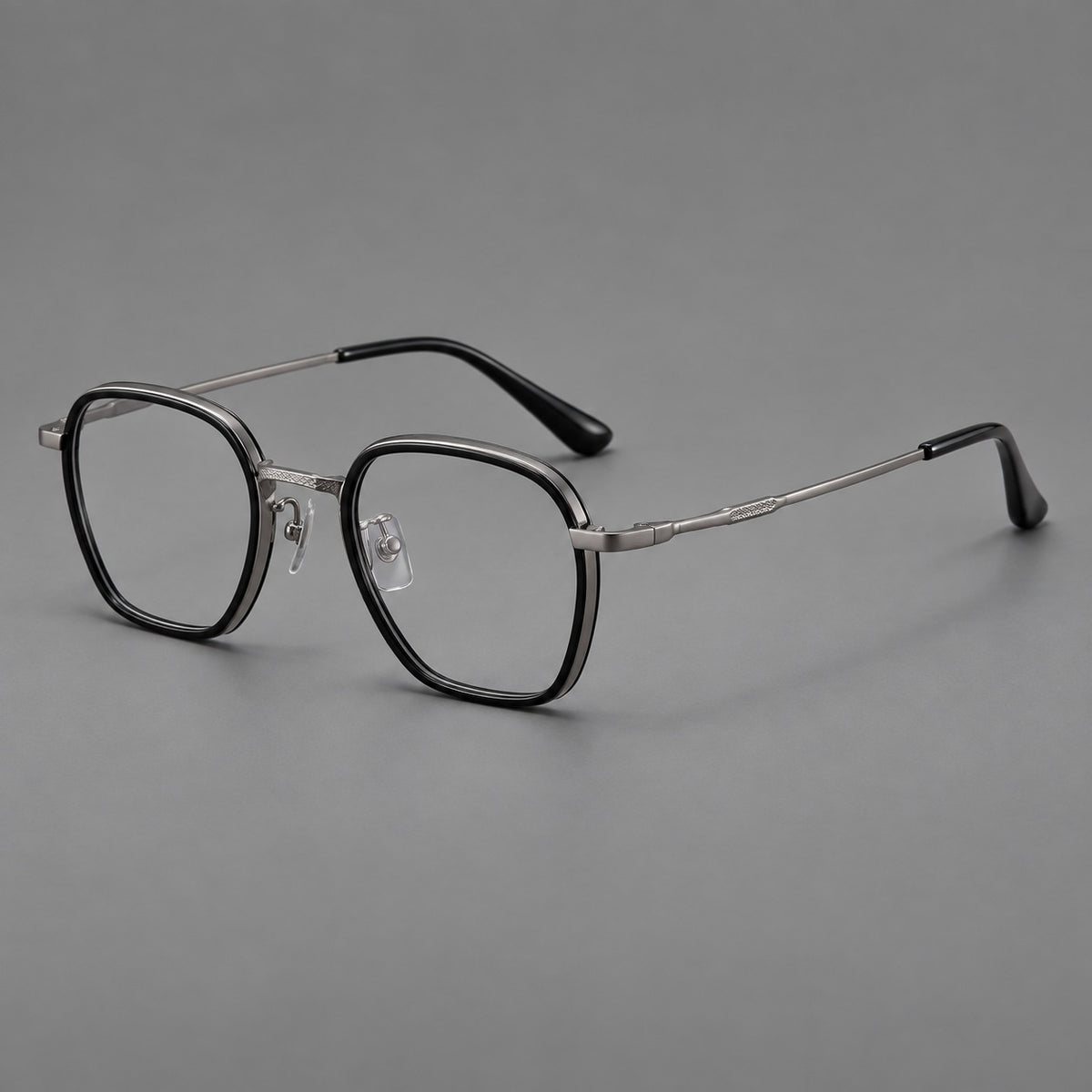 Soft square eyeglasses in acetate and titanium with slim rims and a finely engraved metal bridge — Glossy Black / Gunmetal — Main view [CINILY-JD2026-61026-C6]