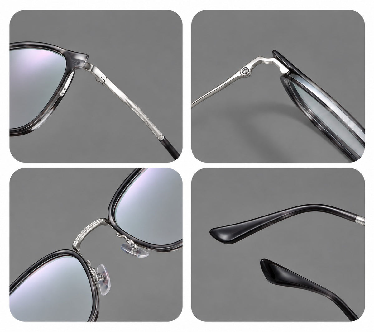 Soft square eyeglasses in acetate and titanium with slim rims and a finely engraved metal bridge — 61026 — Frame details [JD2026-61026]