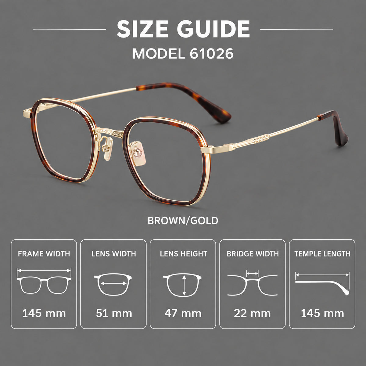 Soft square eyeglasses in acetate and titanium with slim rims and a finely engraved metal bridge — 61026 — Size guide [JD2026-61026]