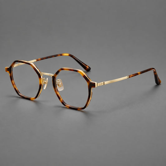 Geometric eyeglasses in acetate and titanium with octagonal rims and a textured metal bridge — Amber Tortoiseshell / Light Gold — Main view [CINILY-JD2026-61027-C1]