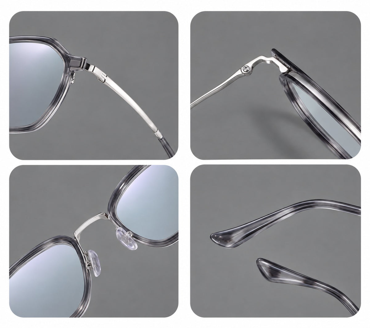 Geometric eyeglasses in acetate and titanium with octagonal rims and a textured metal bridge — 61027 — Frame details [JD2026-61027]