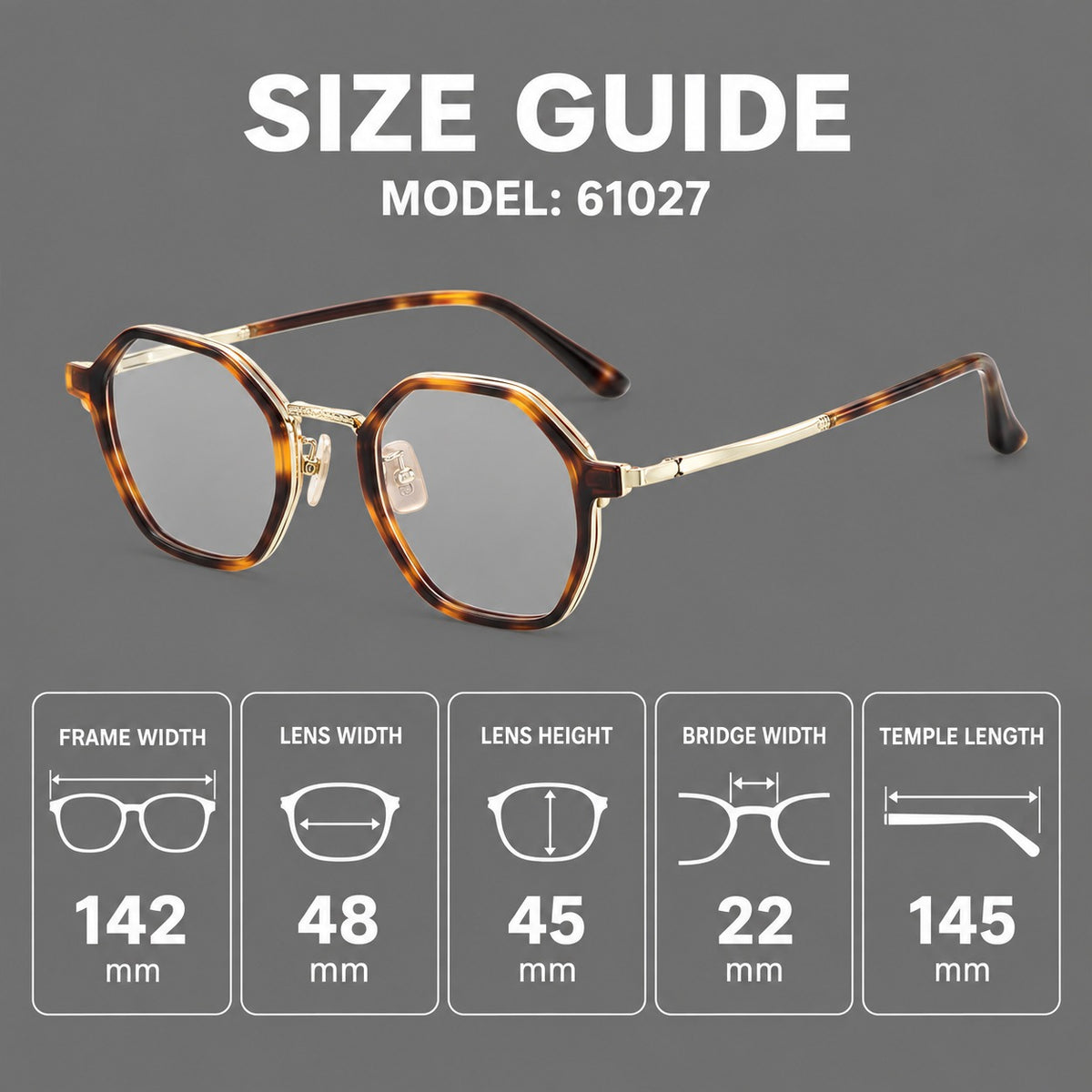 Geometric eyeglasses in acetate and titanium with octagonal rims and a textured metal bridge — 61027 — Size guide [JD2026-61027]