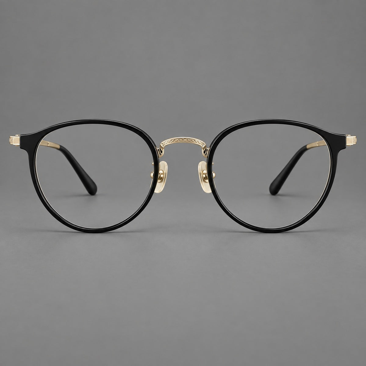 Round eyeglasses in acetate and titanium with widened outer corners and slender metal temples — Glossy Black / Gold — Front view [CINILY-JD2026-61028-C3]