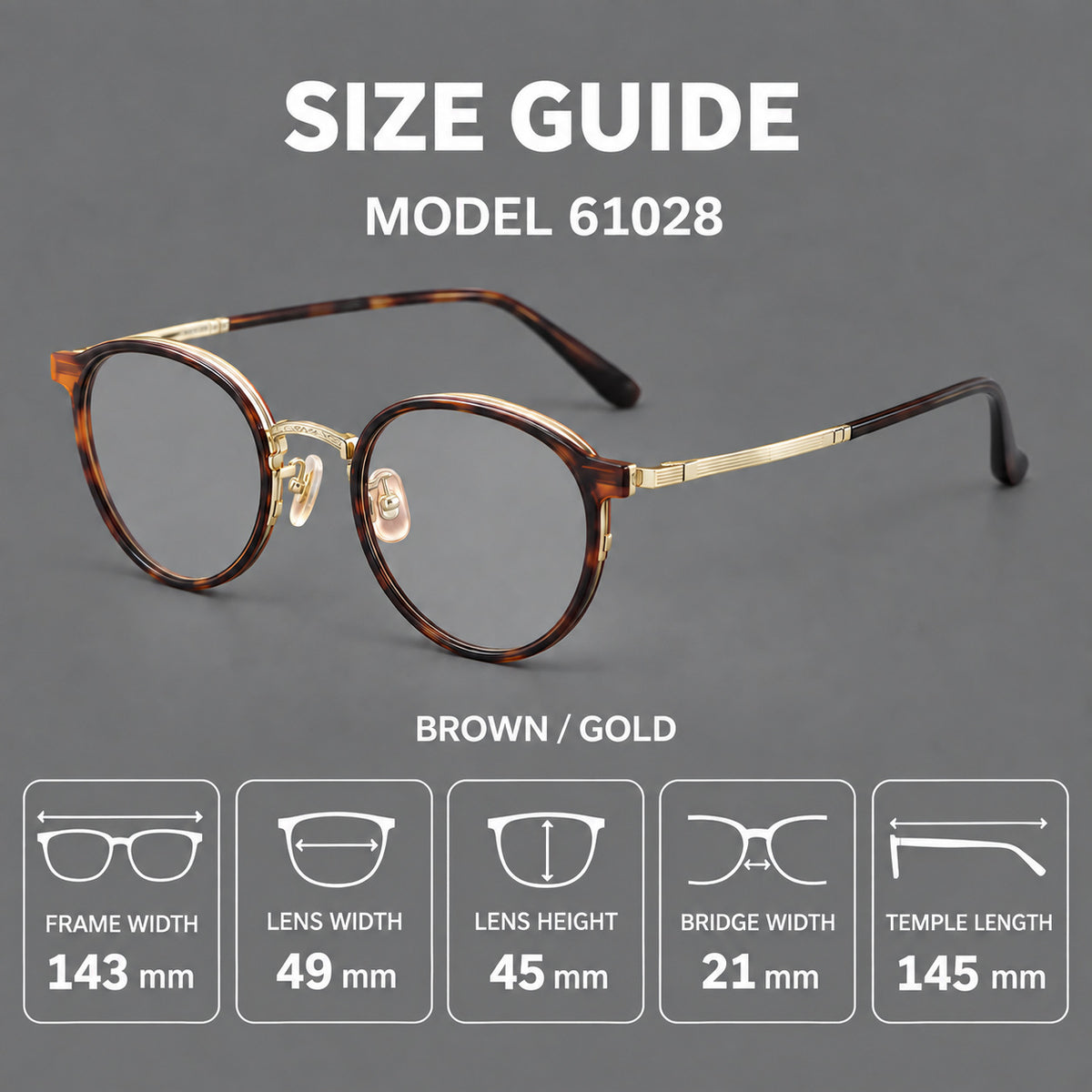 Round eyeglasses in acetate and titanium with widened outer corners and slender metal temples — 61028 — Size guide [JD2026-61028]