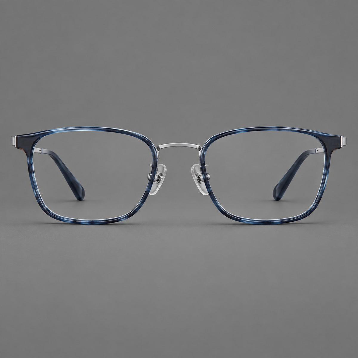 Rounded rectangular eyeglasses in acetate and titanium with bold corners and engraved metal temples — Blue / Gunmetal — Front view [CINILY-JD2026-61029-C2]