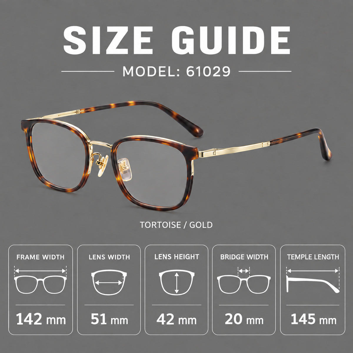 Rounded rectangular eyeglasses in acetate and titanium with bold corners and engraved metal temples — 61029 — Size guide [JD2026-61029]