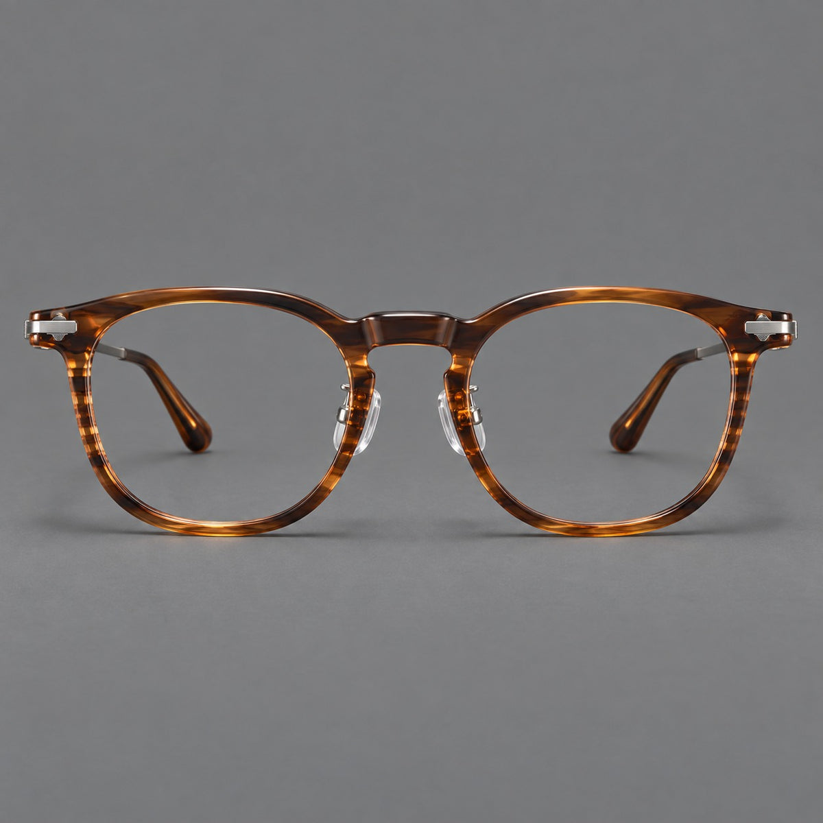 Retro acetate and titanium eyeglasses with soft square rims and sculpted metal corners — Brown Woodgrain / Grey — Front view [CINILY-JD2026-8004-C1]