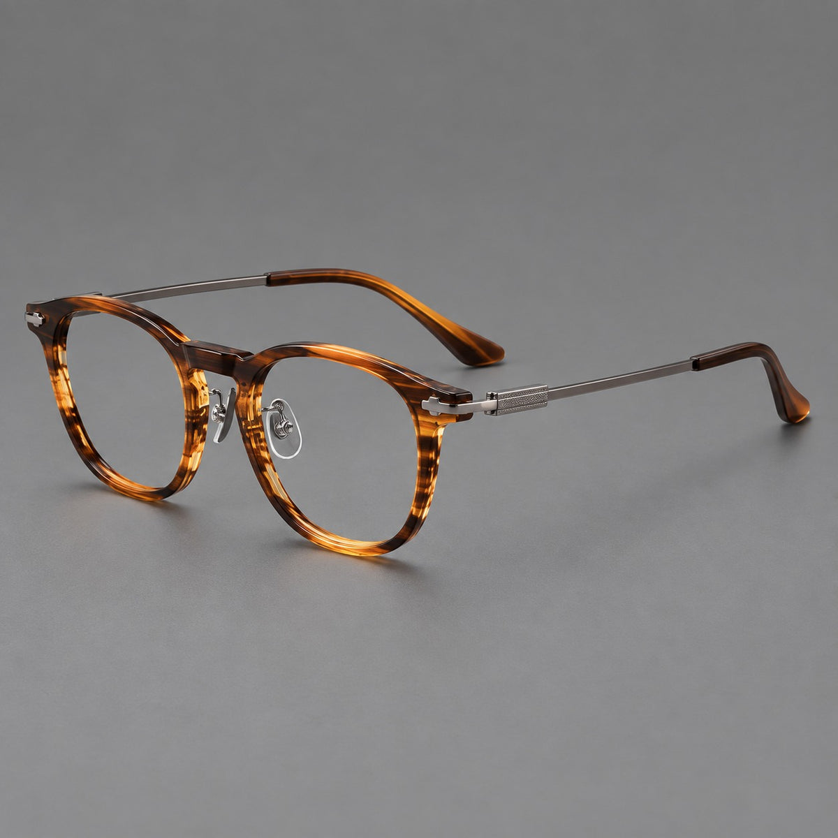 Retro acetate and titanium eyeglasses with soft square rims and sculpted metal corners — Brown Woodgrain / Grey — Main view [CINILY-JD2026-8004-C1]