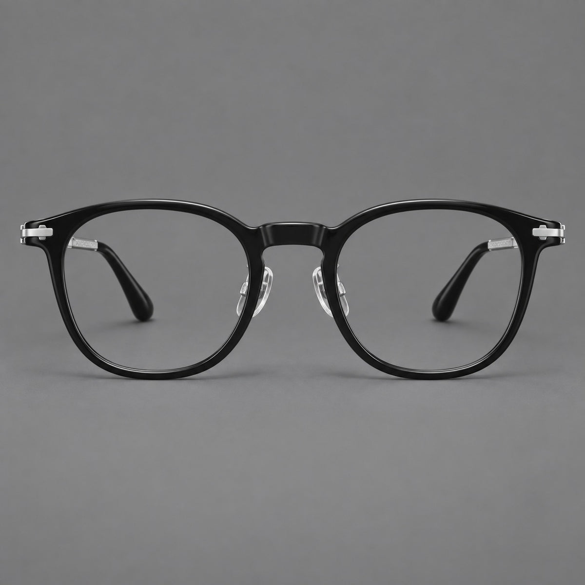 Retro acetate and titanium eyeglasses with soft square rims and sculpted metal corners — Black / Silver — Front view [CINILY-JD2026-8004-C2]