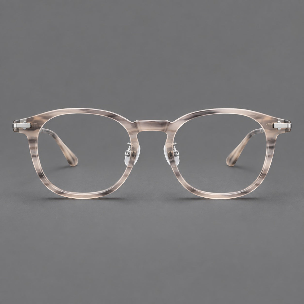 Retro acetate and titanium eyeglasses with soft square rims and sculpted metal corners — Grey Woodgrain / Silver — Front view [CINILY-JD2026-8004-C3]