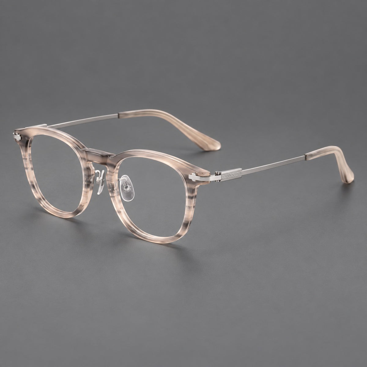 Retro acetate and titanium eyeglasses with soft square rims and sculpted metal corners — Grey Woodgrain / Silver — Main view [CINILY-JD2026-8004-C3]