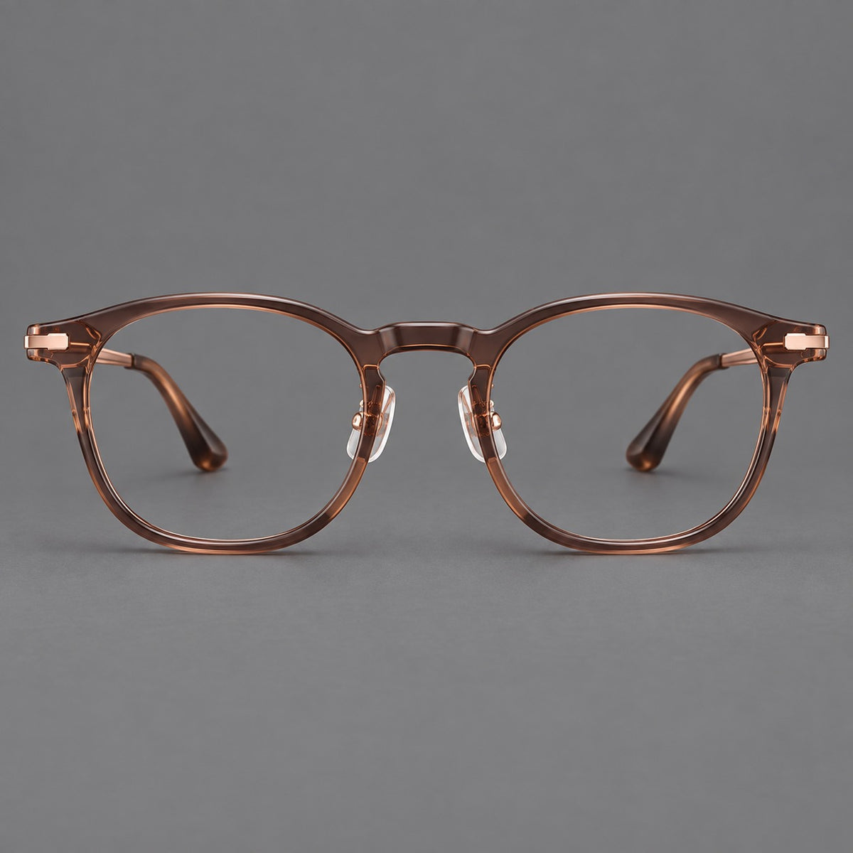 Retro acetate and titanium eyeglasses with soft square rims and sculpted metal corners — Dark Tea / Rose Gold — Front view [CINILY-JD2026-8004-C4]