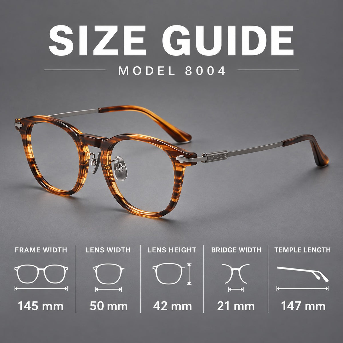 Retro acetate and titanium eyeglasses with soft square rims and sculpted metal corners — 8004 — Size guide [JD2026-8004]
