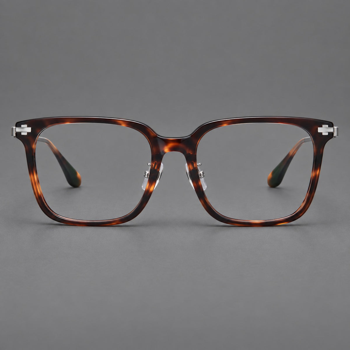Classic acetate and titanium eyeglasses with broad square rims and textured metal temples — Tortoiseshell / Grey — Front view [CINILY-JD2026-8005-C1]