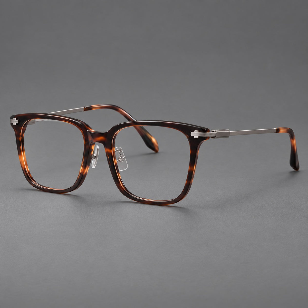Classic acetate and titanium eyeglasses with broad square rims and textured metal temples — Tortoiseshell / Grey — Main view [CINILY-JD2026-8005-C1]