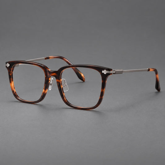 Classic acetate and titanium eyeglasses with broad square rims and textured metal temples — Tortoiseshell / Grey — Main view [CINILY-JD2026-8005-C1]