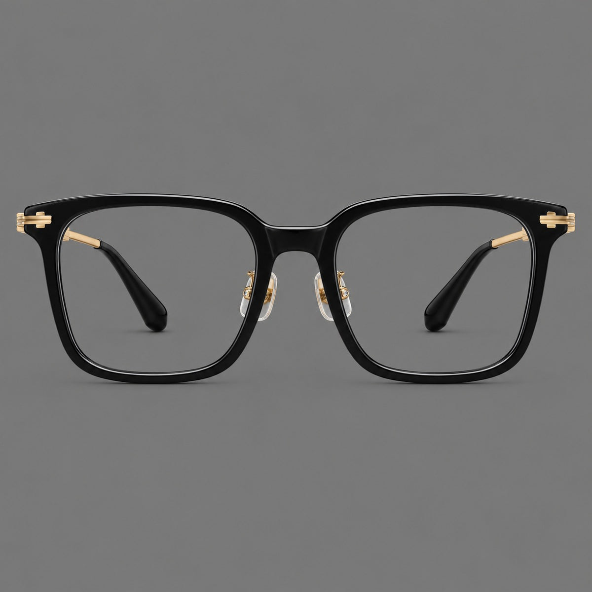 Classic acetate and titanium eyeglasses with broad square rims and textured metal temples — Black / Gold — Front view [CINILY-JD2026-8005-C2]