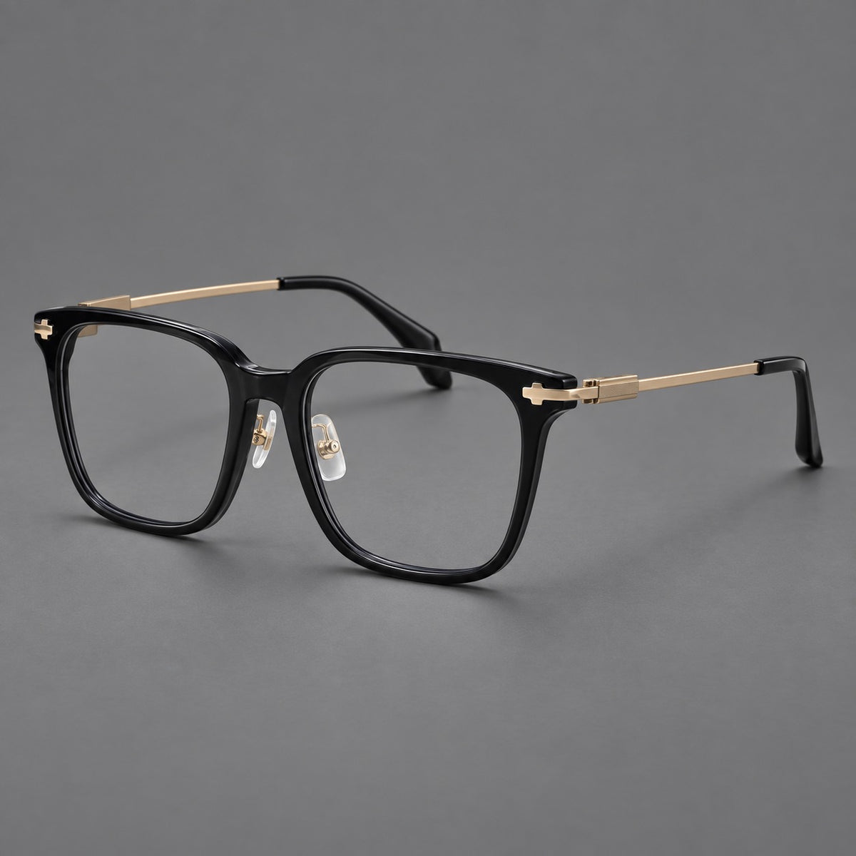 Classic acetate and titanium eyeglasses with broad square rims and textured metal temples — Black / Gold — Main view [CINILY-JD2026-8005-C2]