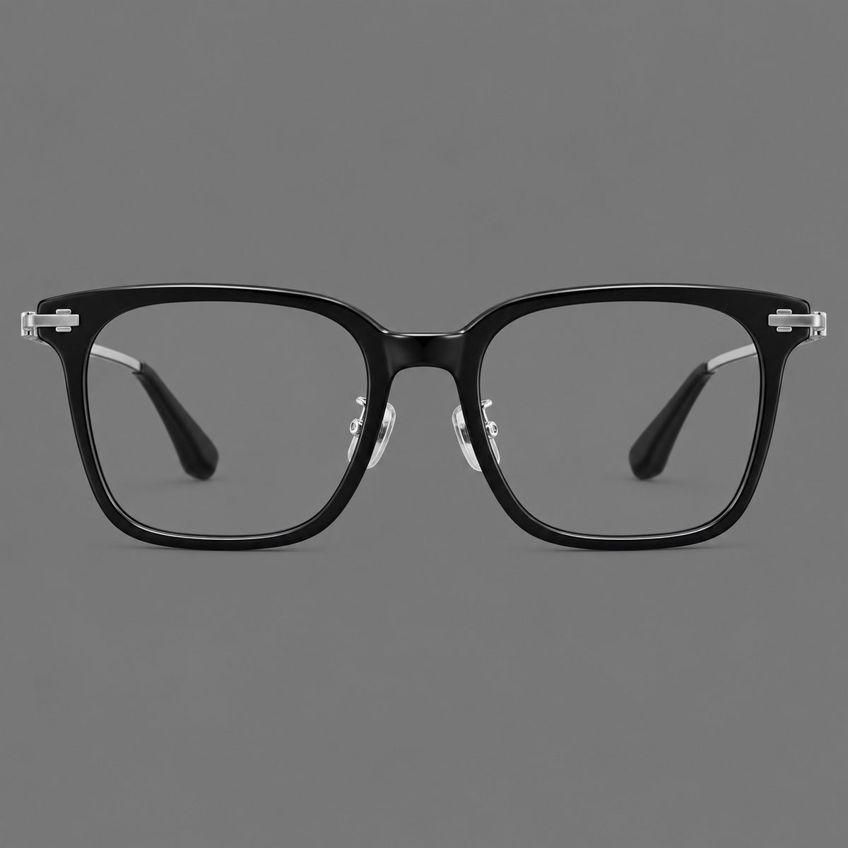 Classic acetate and titanium eyeglasses with broad square rims and textured metal temples — Black / Silver — Front view [CINILY-JD2026-8005-C3]