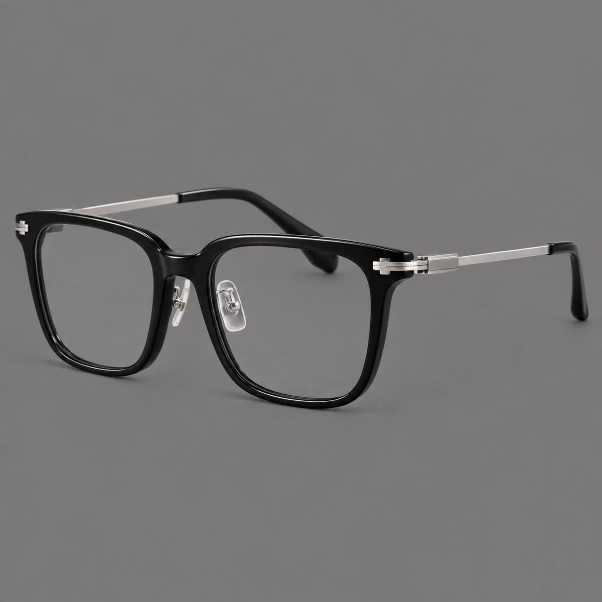 Classic acetate and titanium eyeglasses with broad square rims and textured metal temples — Black / Silver — Main view [CINILY-JD2026-8005-C3]