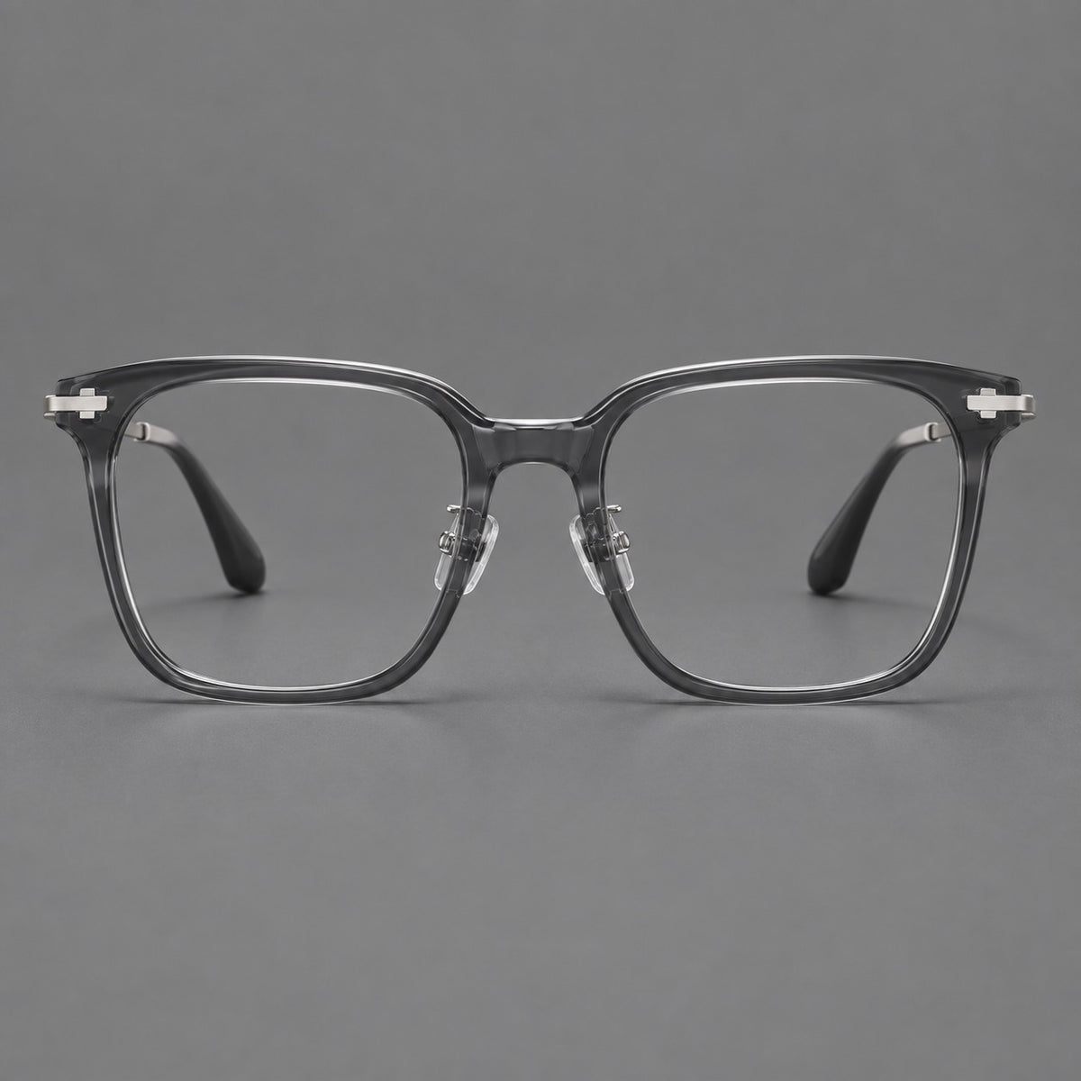 Classic acetate and titanium eyeglasses with broad square rims and textured metal temples — Clear Grey / Silver — Front view [CINILY-JD2026-8005-C4]