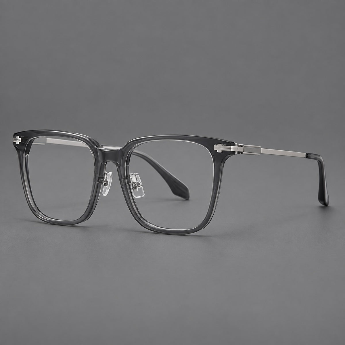 Classic acetate and titanium eyeglasses with broad square rims and textured metal temples — Clear Grey / Silver — Main view [CINILY-JD2026-8005-C4]
