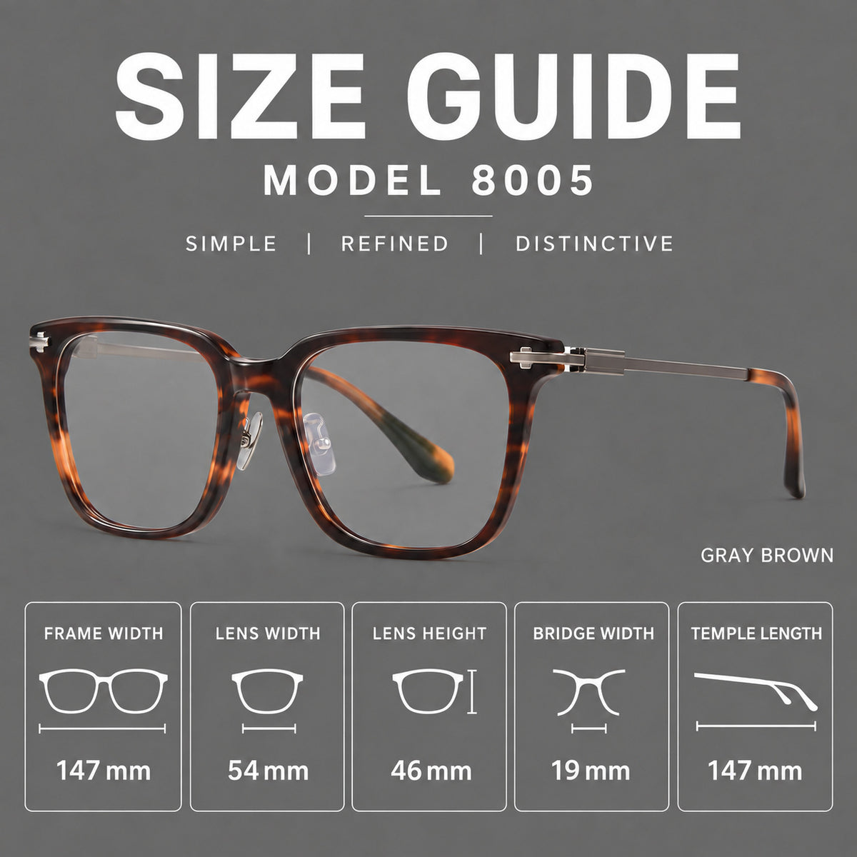 Classic acetate and titanium eyeglasses with broad square rims and textured metal temples — 8005 — Size guide [JD2026-8005]