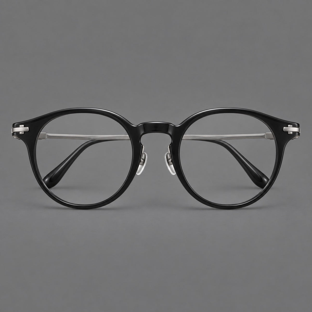 Retro acetate and titanium eyeglasses with round rims and a pronounced keyhole bridge — Black / Grey — Front view [CINILY-JD2026-8006-C2]