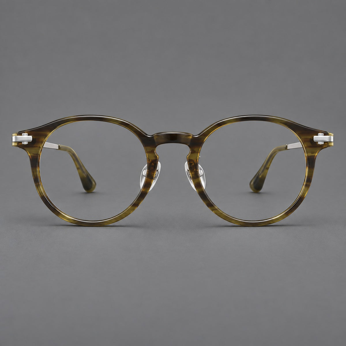 Retro acetate and titanium eyeglasses with round rims and a pronounced keyhole bridge — Olive Woodgrain / Silver — Front view [CINILY-JD2026-8006-C3]