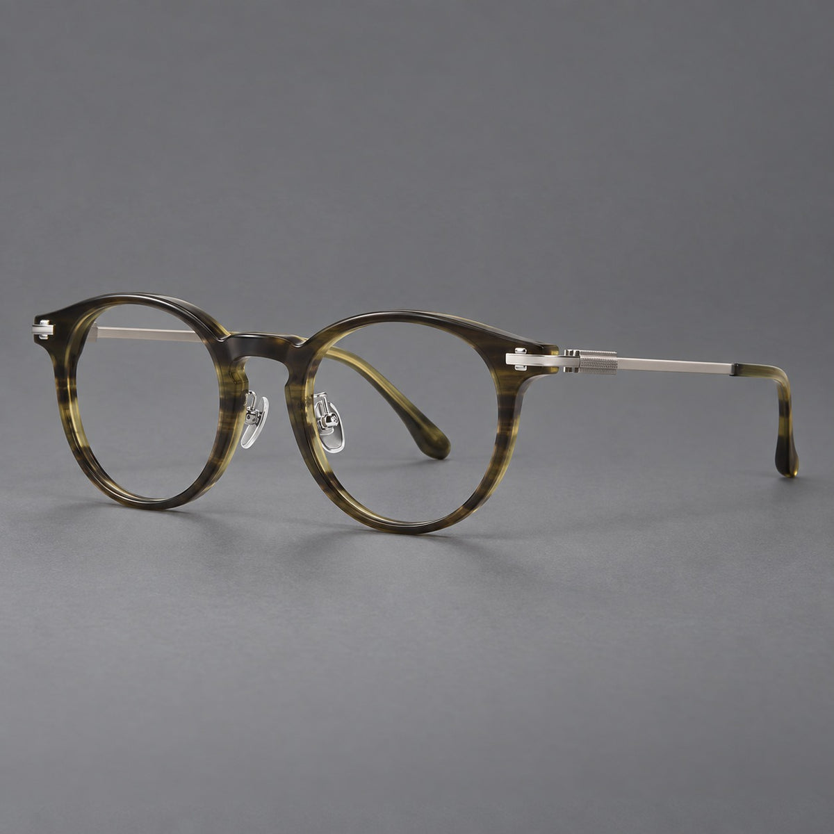 Retro acetate and titanium eyeglasses with round rims and a pronounced keyhole bridge — Olive Woodgrain / Silver — Main view [CINILY-JD2026-8006-C3]