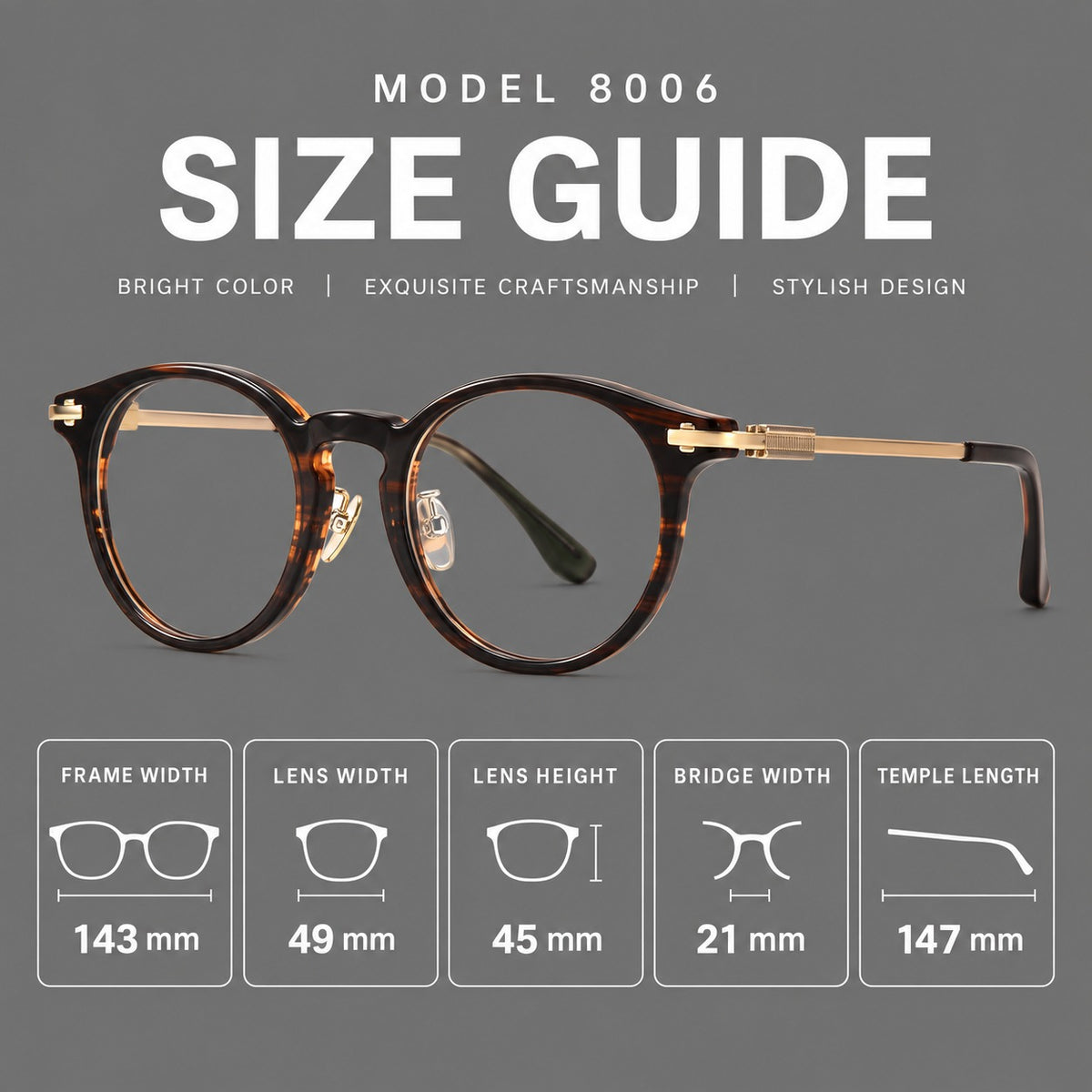 Retro acetate and titanium eyeglasses with round rims and a pronounced keyhole bridge — 8006 — Size guide [JD2026-8006]