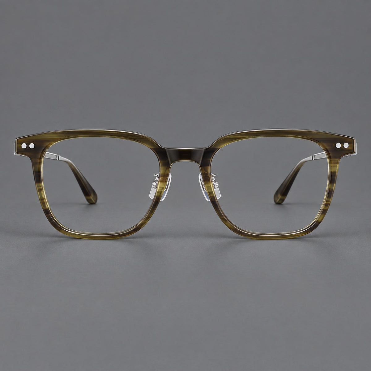 Classic acetate and titanium eyeglasses with squared brows and paired corner rivets — Olive Woodgrain / Silver — Front view [CINILY-JD2026-8008-C1]