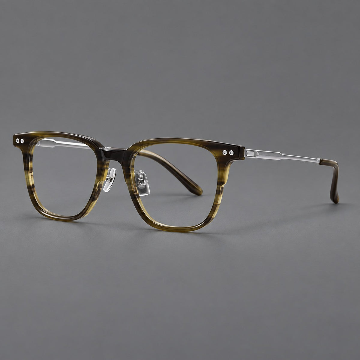 Classic acetate and titanium eyeglasses with squared brows and paired corner rivets — Olive Woodgrain / Silver — Main view [CINILY-JD2026-8008-C1]