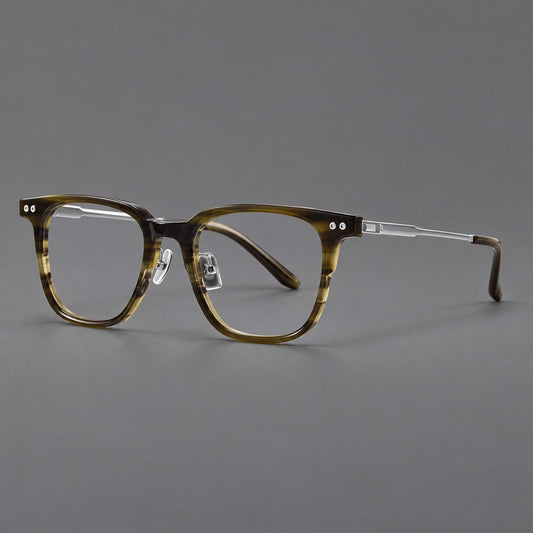 Classic acetate and titanium eyeglasses with squared brows and paired corner rivets — Olive Woodgrain / Silver — Main view [CINILY-JD2026-8008-C1]