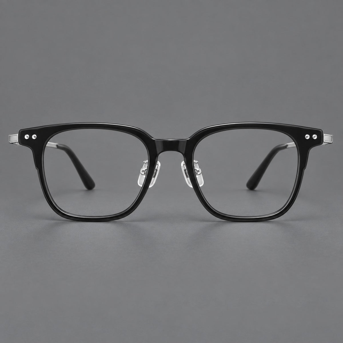 Classic acetate and titanium eyeglasses with squared brows and paired corner rivets — Black / Silver — Front view [CINILY-JD2026-8008-C2]