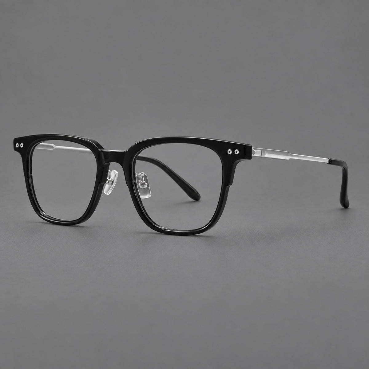 Classic acetate and titanium eyeglasses with squared brows and paired corner rivets — Black / Silver — Main view [CINILY-JD2026-8008-C2]