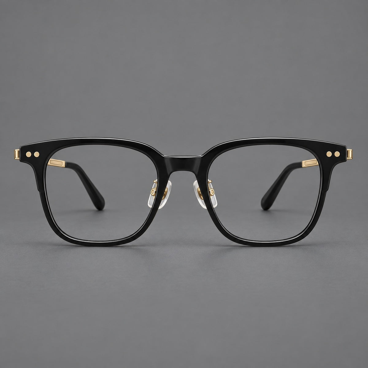 Classic acetate and titanium eyeglasses with squared brows and paired corner rivets — Black / Gold — Front view [CINILY-JD2026-8008-C3]