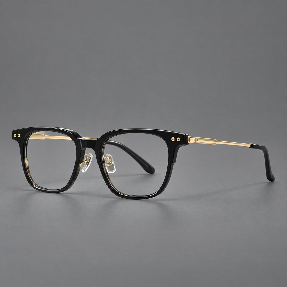Classic acetate and titanium eyeglasses with squared brows and paired corner rivets — Black / Gold — Main view [CINILY-JD2026-8008-C3]