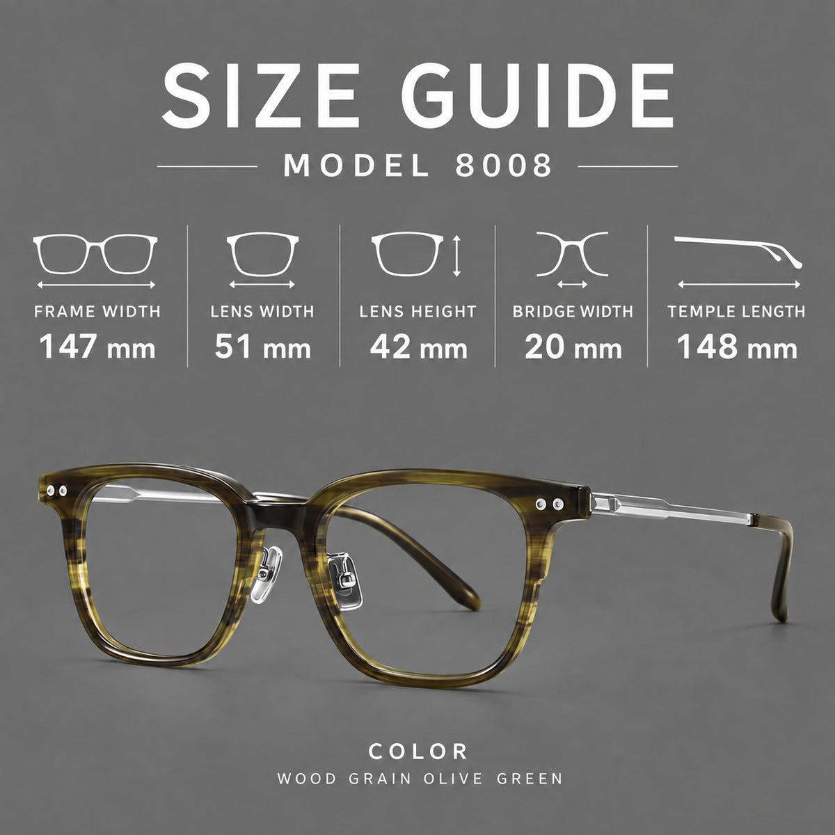 Classic acetate and titanium eyeglasses with squared brows and paired corner rivets — 8008 — Size guide [JD2026-8008]