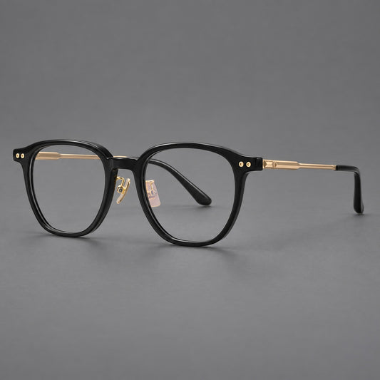 Vintage acetate and titanium eyeglasses with rounded square rims and slotted metal temples — Black / Gold — Main view [CINILY-JD2026-8009-C2]