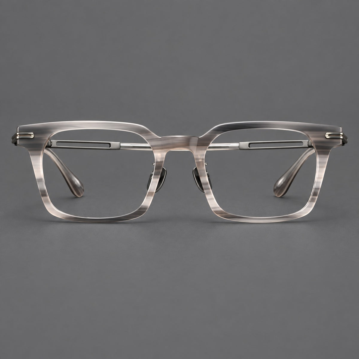 Modern acetate and titanium eyeglasses with angular square rims and curved metal hinges — Striped Grey / Brushed Grey — Front view [CINILY-JD2026-8010-C1]