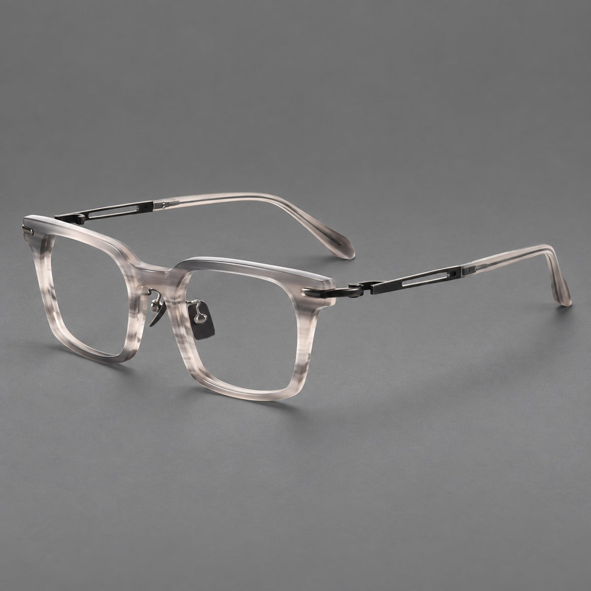 Modern acetate and titanium eyeglasses with angular square rims and curved metal hinges — Striped Grey / Brushed Grey — Main view [CINILY-JD2026-8010-C1]