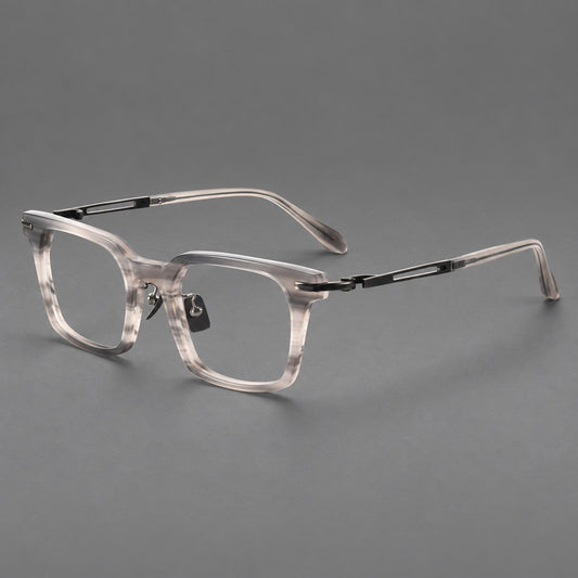 Modern acetate and titanium eyeglasses with angular square rims and curved metal hinges — Striped Grey / Brushed Grey — Main view [CINILY-JD2026-8010-C1]