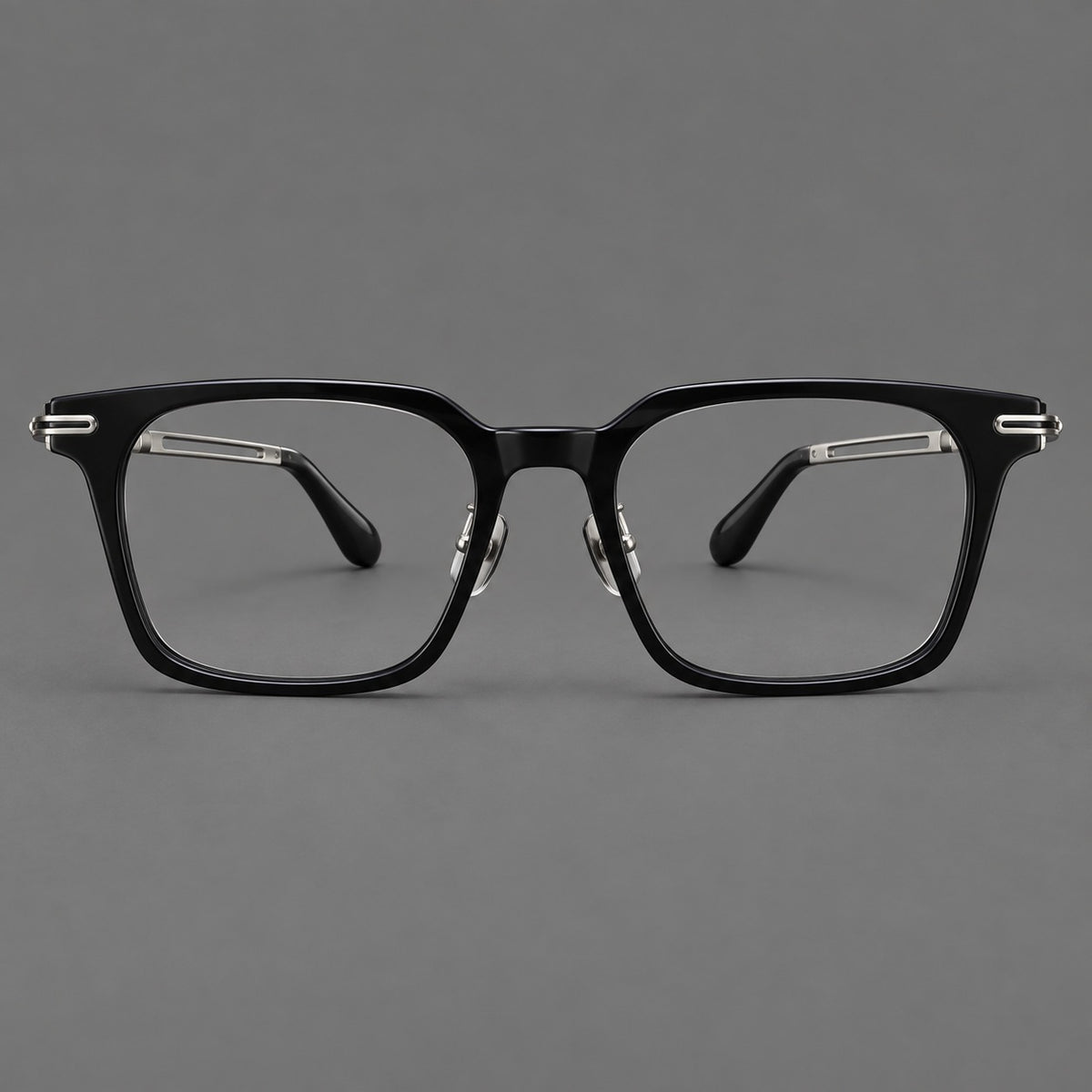 Modern acetate and titanium eyeglasses with angular square rims and curved metal hinges — Black / Silver — Front view [CINILY-JD2026-8010-C3-black]