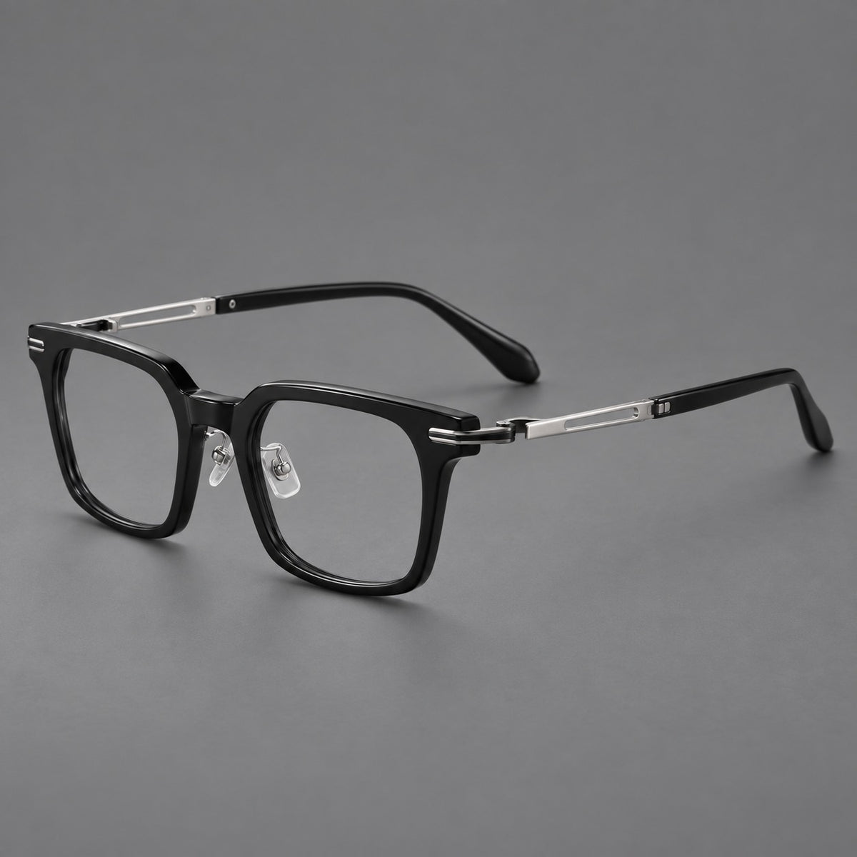 Modern acetate and titanium eyeglasses with angular square rims and curved metal hinges — Black / Silver — Main view [CINILY-JD2026-8010-C3-black]